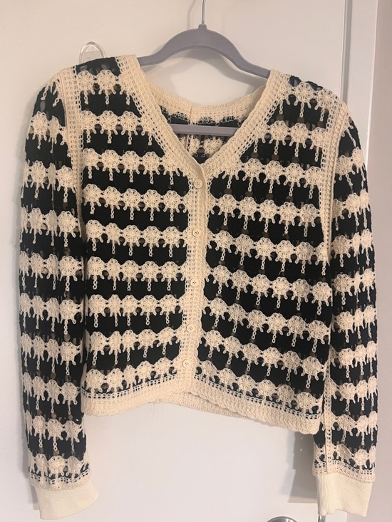 Sweaters - Black and Cream Crocheted V-Neck Cardigan Sweater